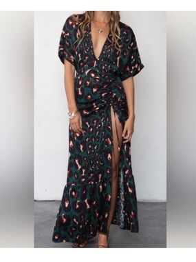 NWT Stillwater Green Cheetah Plunging Neckline Maxi Dress